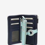 Large wallet with metal clasp in blue leather