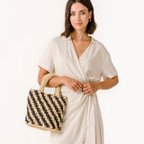 Black and beige striped braided handbag