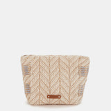 Kosmetiktasche mit grauem Muster.