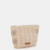 Kosmetiktasche mit grauem Muster.