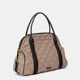 Taupe quilted handbag.