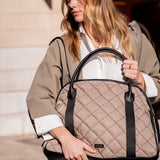 Taupe quilted handbag.