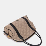 Taupe quilted handbag.