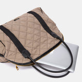 Taupe quilted handbag.