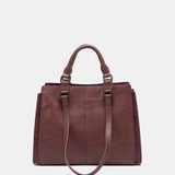 Burgundy handbag.