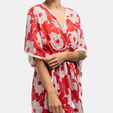 Caftán de algodón con estampado floral en blanco y rojo