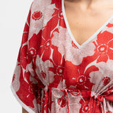 Caftán de algodón con estampado floral en blanco y rojo