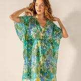 Grüner Baumwoll-Kaftan mit Blumendruck