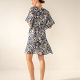 Blauer Baumwoll-Kaftan mit Blumendruck